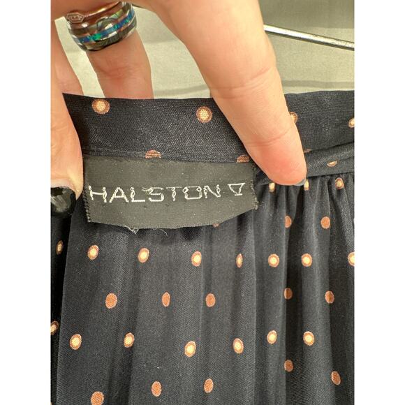 80s Vintage Halston Skirt Womens Medium Navy Blue Midi Polka Dot Brown Pockets - Picture 2 of 9
